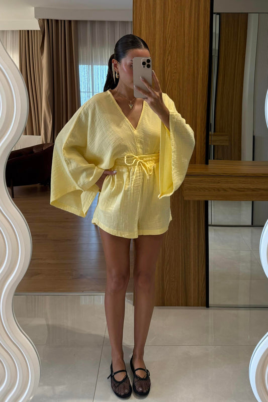 Biana Sarı Müslin Yarasa Kol Takım