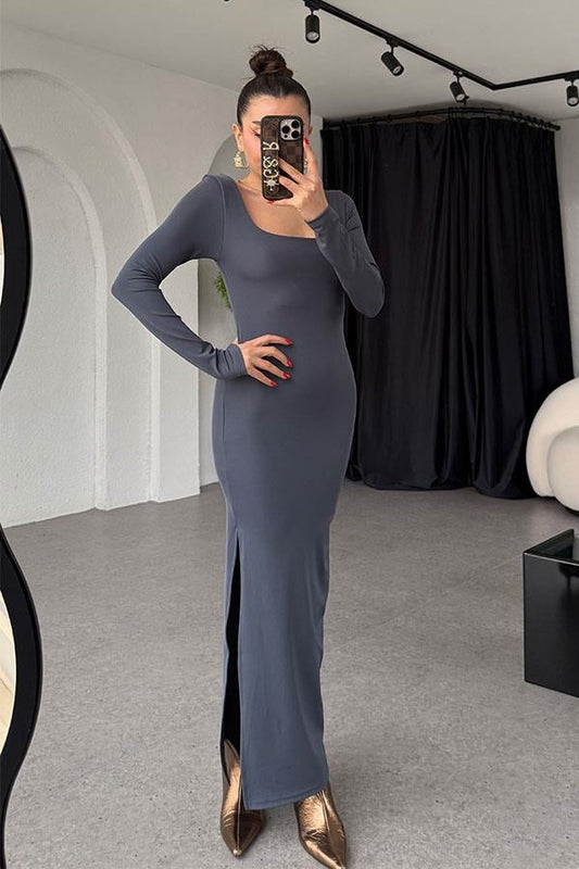 Bianca Füme Kare Yaka Yırtmaçlı Elbise