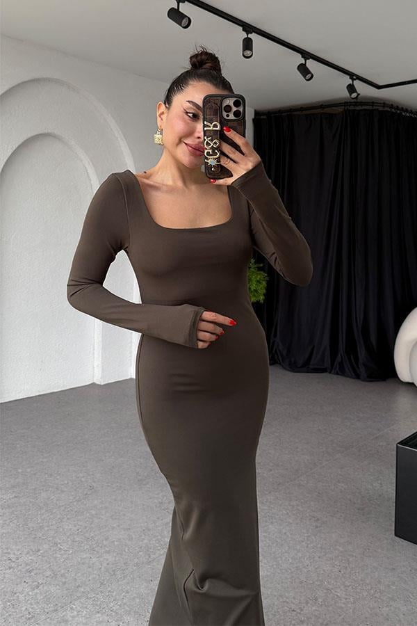 Bianca Haki Kare Yaka Yırtmaçlı Elbise