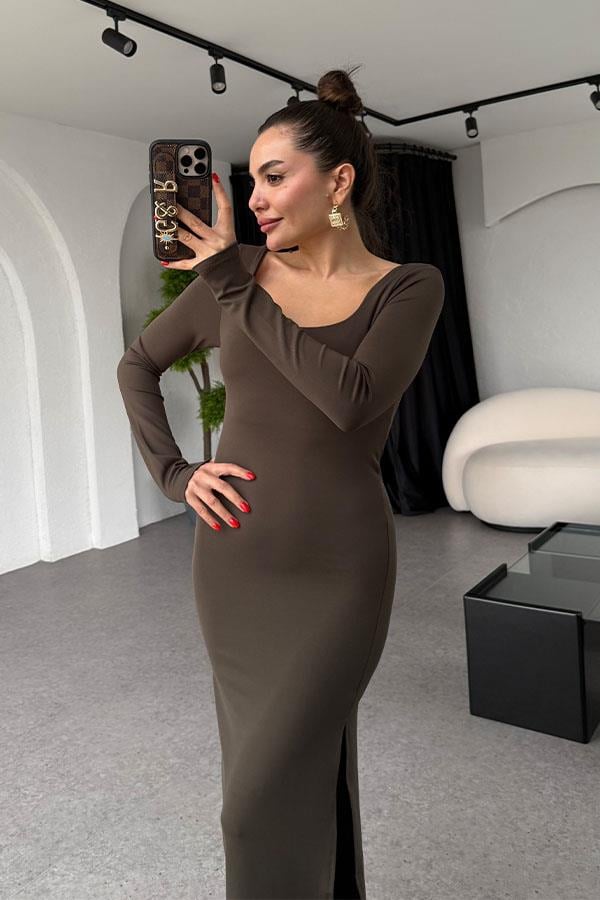 Bianca Haki Kare Yaka Yırtmaçlı Elbise