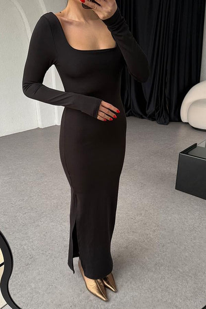 Bianca Siyah Kare Yaka Yırtmaçlı Elbise