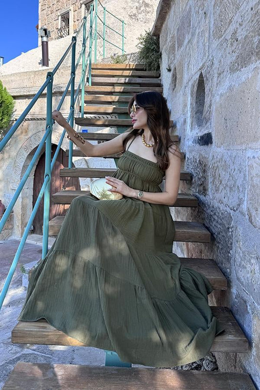 Blenda İnce Askılı Müslin Elbise - Haki