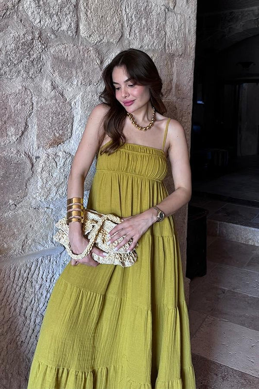 Blenda İnce Askılı Müslin Elbise - Yağ Yeşil