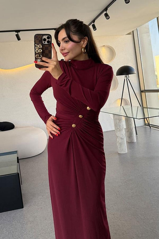 Blondie Gold Detaylı Drapeli Bordo Elbise