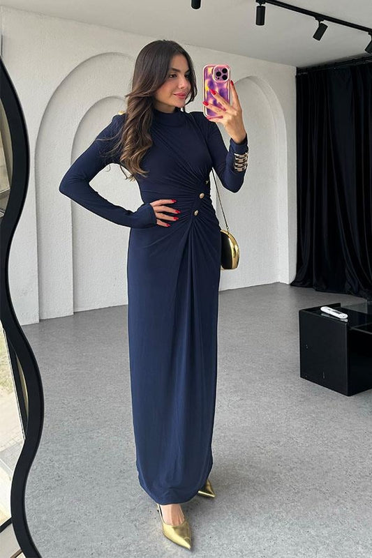 Blondie Gold Detaylı Drapeli Lacivert Elbise
