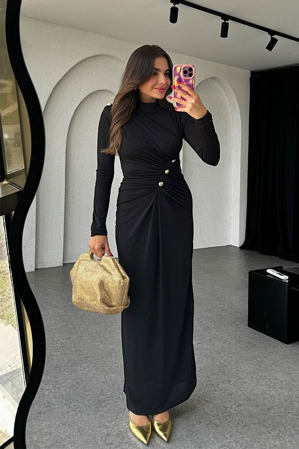 Blondie Gold Detaylı Drapeli Siyah Elbise