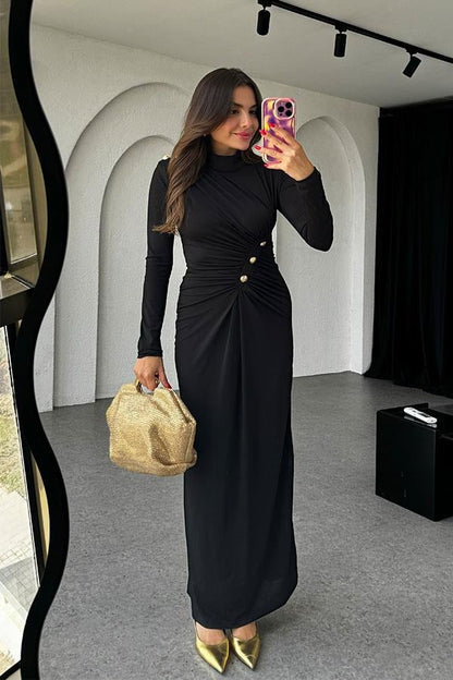 Blondie Gold Detaylı Drapeli Siyah Elbise