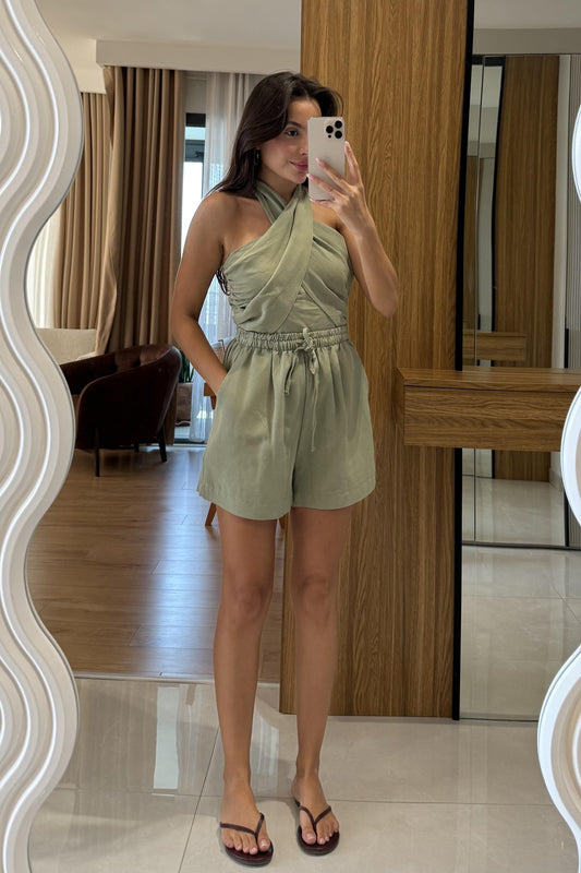 Blones Haki Boyundan Bağlamalı Keten Takım