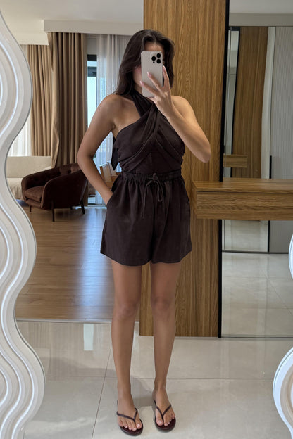 Blones Kahve Boyundan Bağlamalı Keten Takım