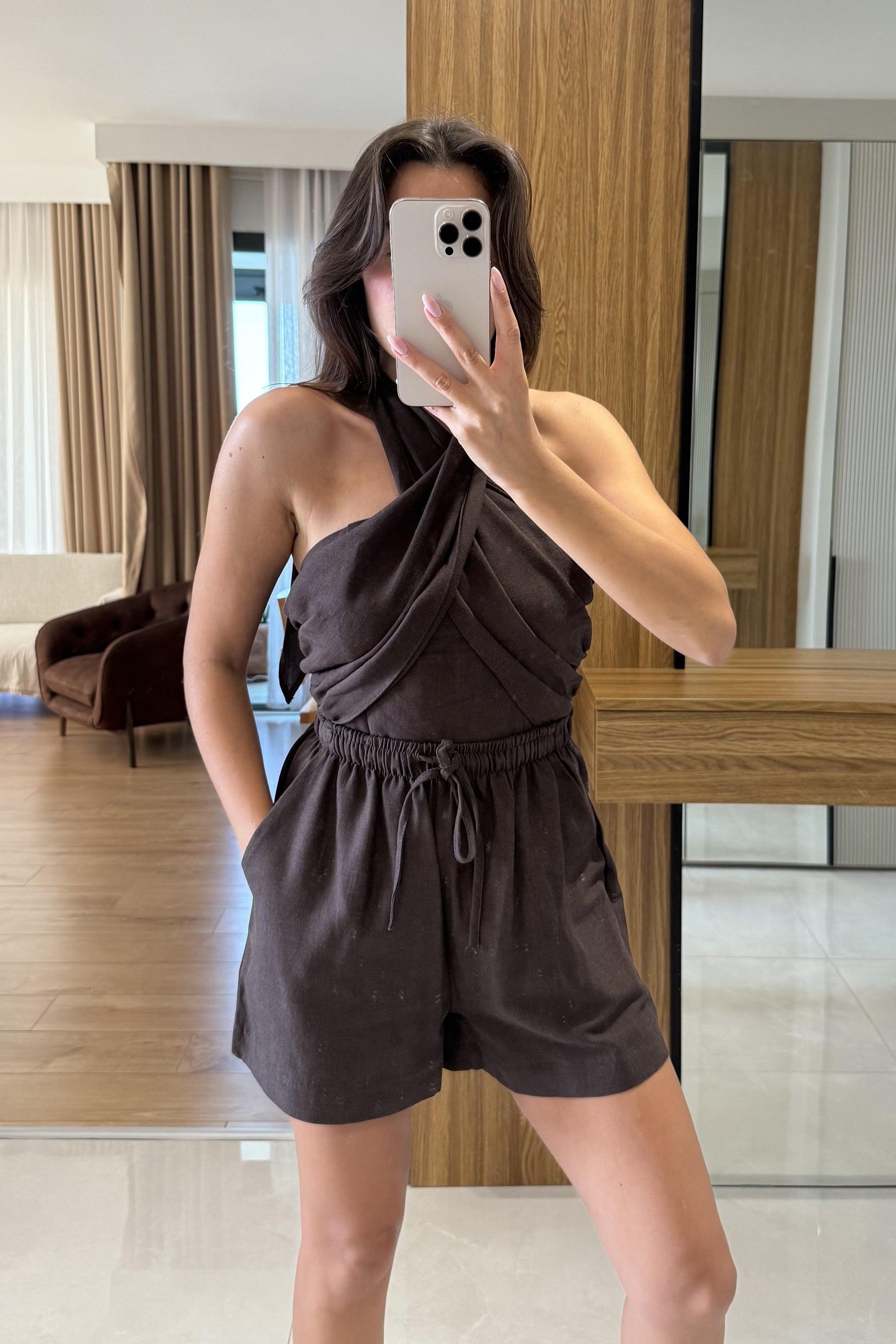 Blones Kahve Boyundan Bağlamalı Keten Takım