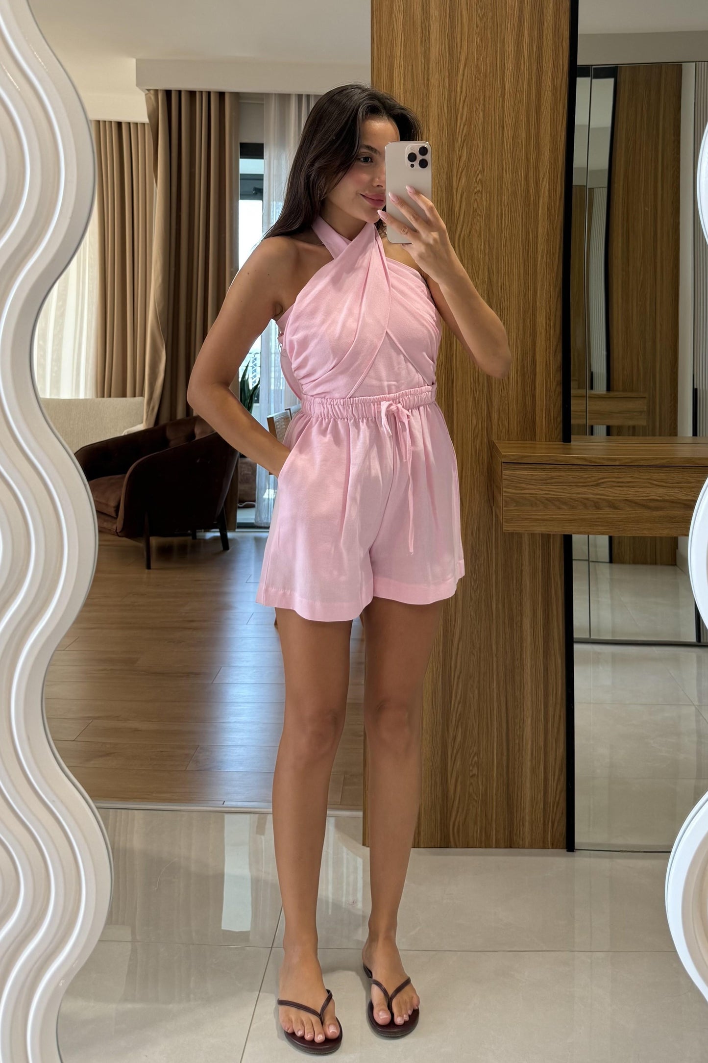 Blones Pembe Boyundan Bağlamalı Keten Takım