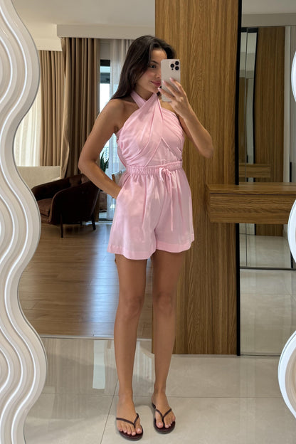 Blones Pembe Boyundan Bağlamalı Keten Takım