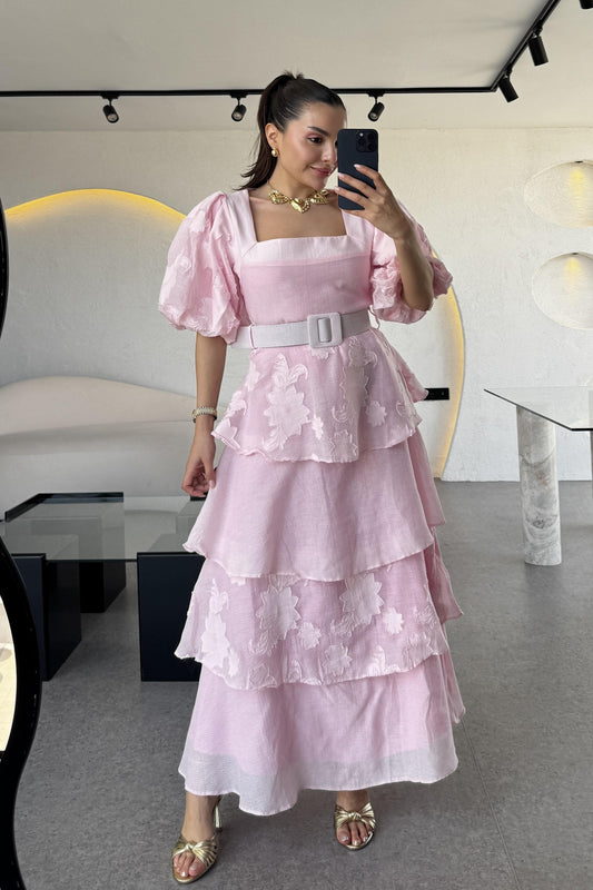 Bogie Pembe Kat Kat Kemerli Elbise