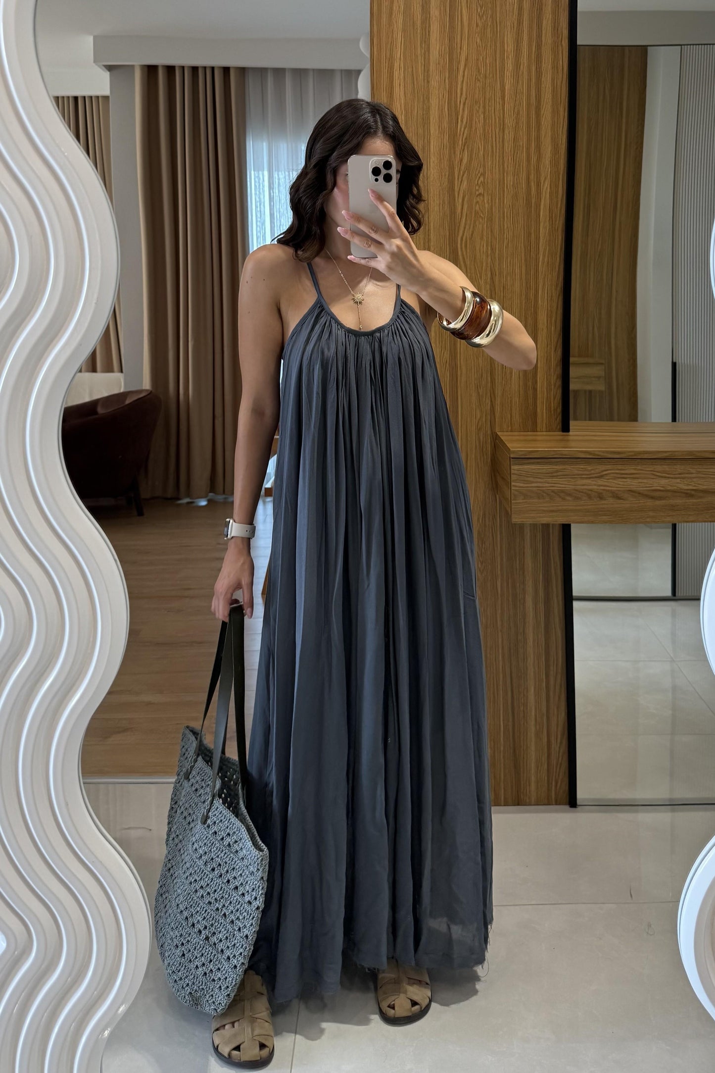 Bohre Antrasit Keten Salaş Elbise