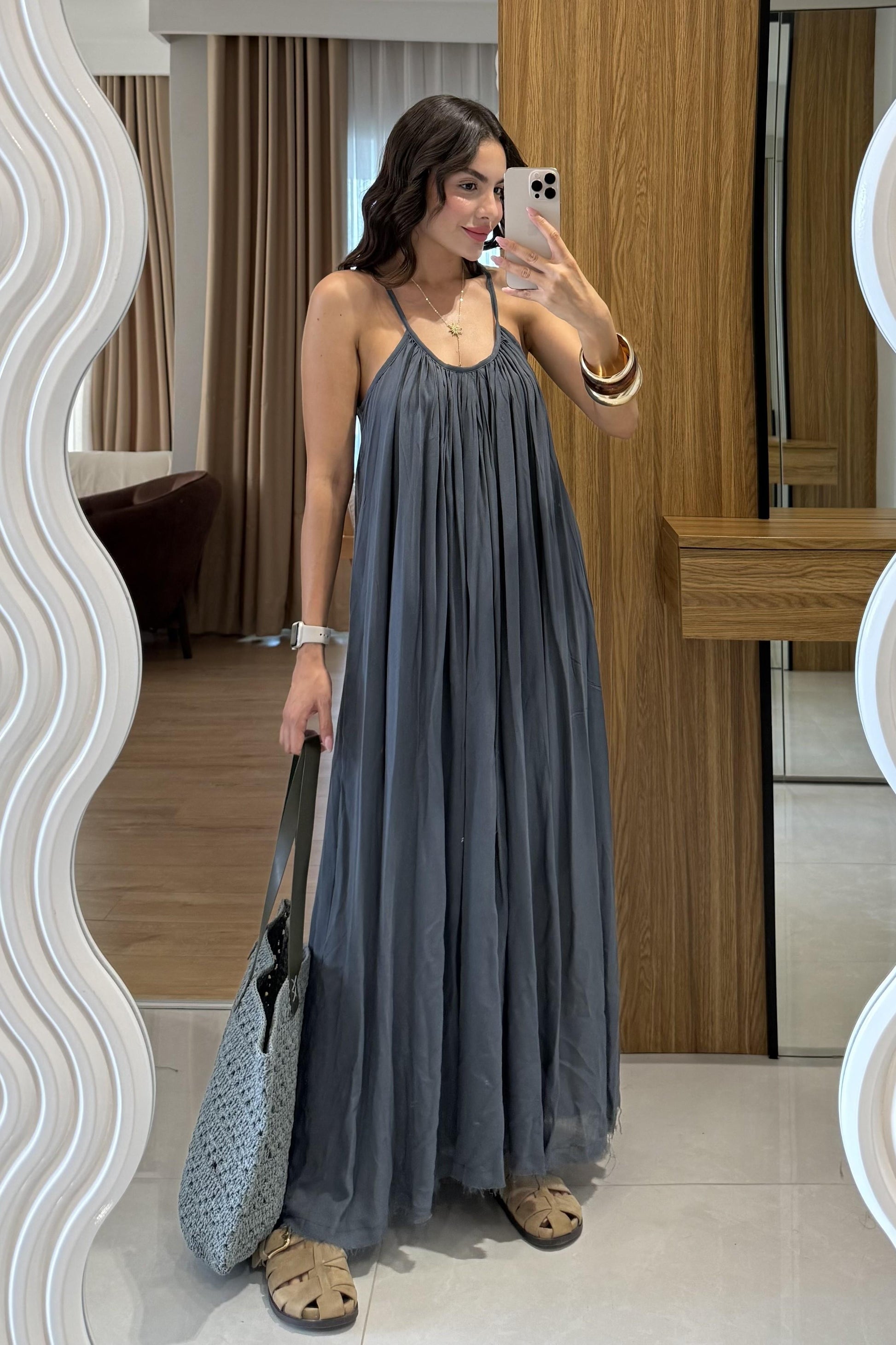 Bohre Antrasit Keten Salaş Elbise