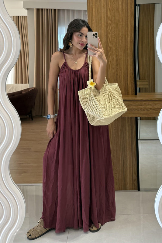 Bohre Bordo Keten Salaş Elbise