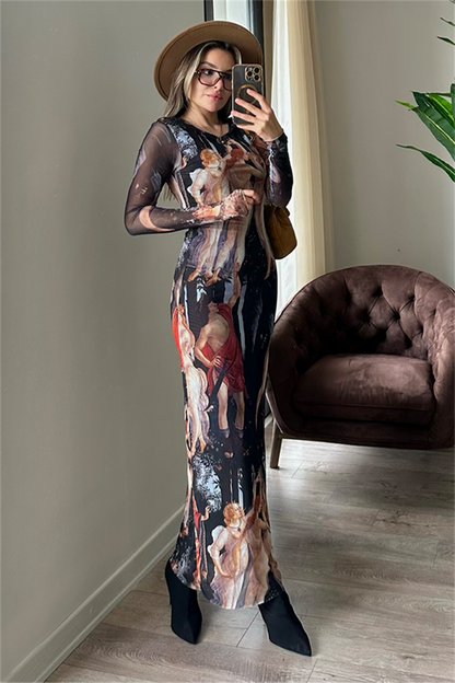 Boleyn figürlü tül kalem elbise