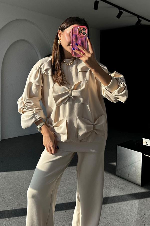 Boneqa Fiyonk Detaylı Krem Modal Takım