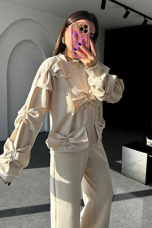 Boneqa Fiyonk Detaylı Krem Modal Takım