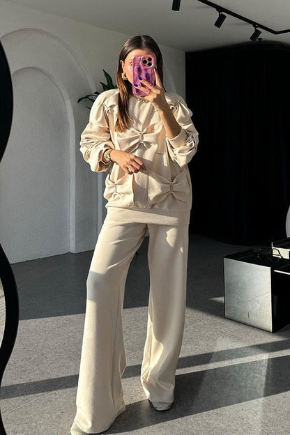 Boneqa Fiyonk Detaylı Krem Modal Takım