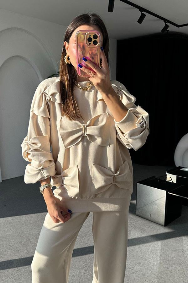 Boneqa Fiyonk Detaylı Krem Modal Takım