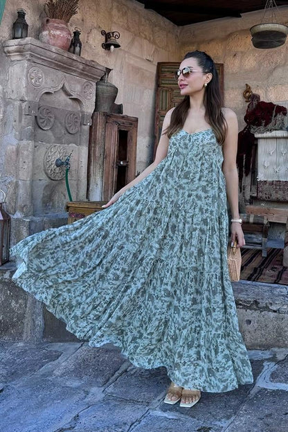 Bongomia Askılı Karışık Desen Empirme Elbise