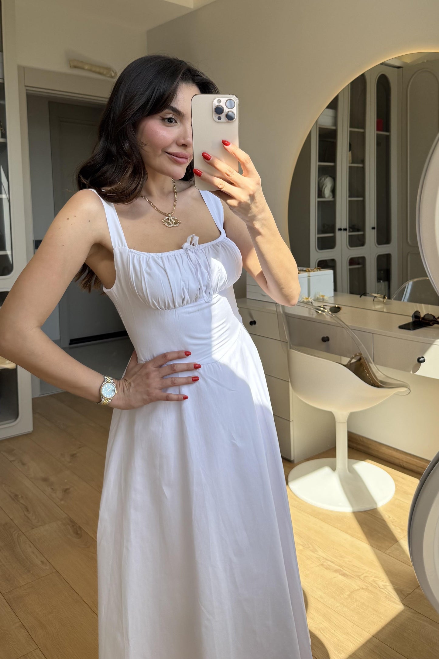 Bonilla Beyaz Midi Kloş Elbise