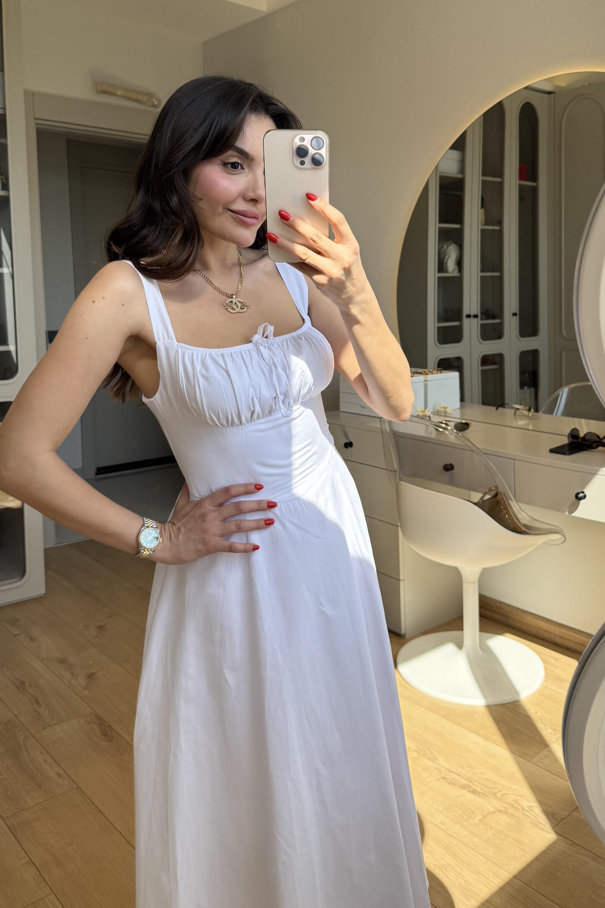 Bonilla Beyaz Midi Kloş Elbise