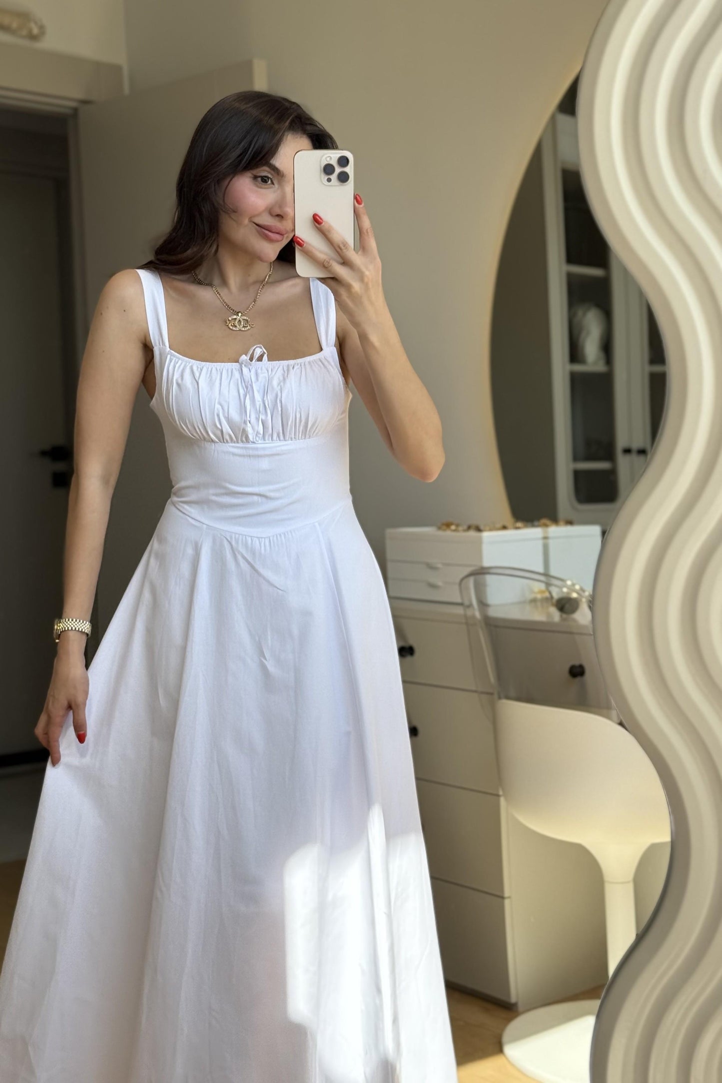 Bonilla Beyaz Midi Kloş Elbise