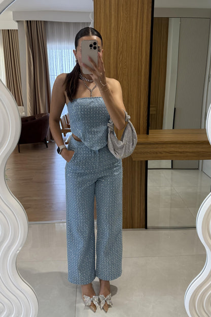 Bonnie Işıltılı Dokulu Mavi Takım