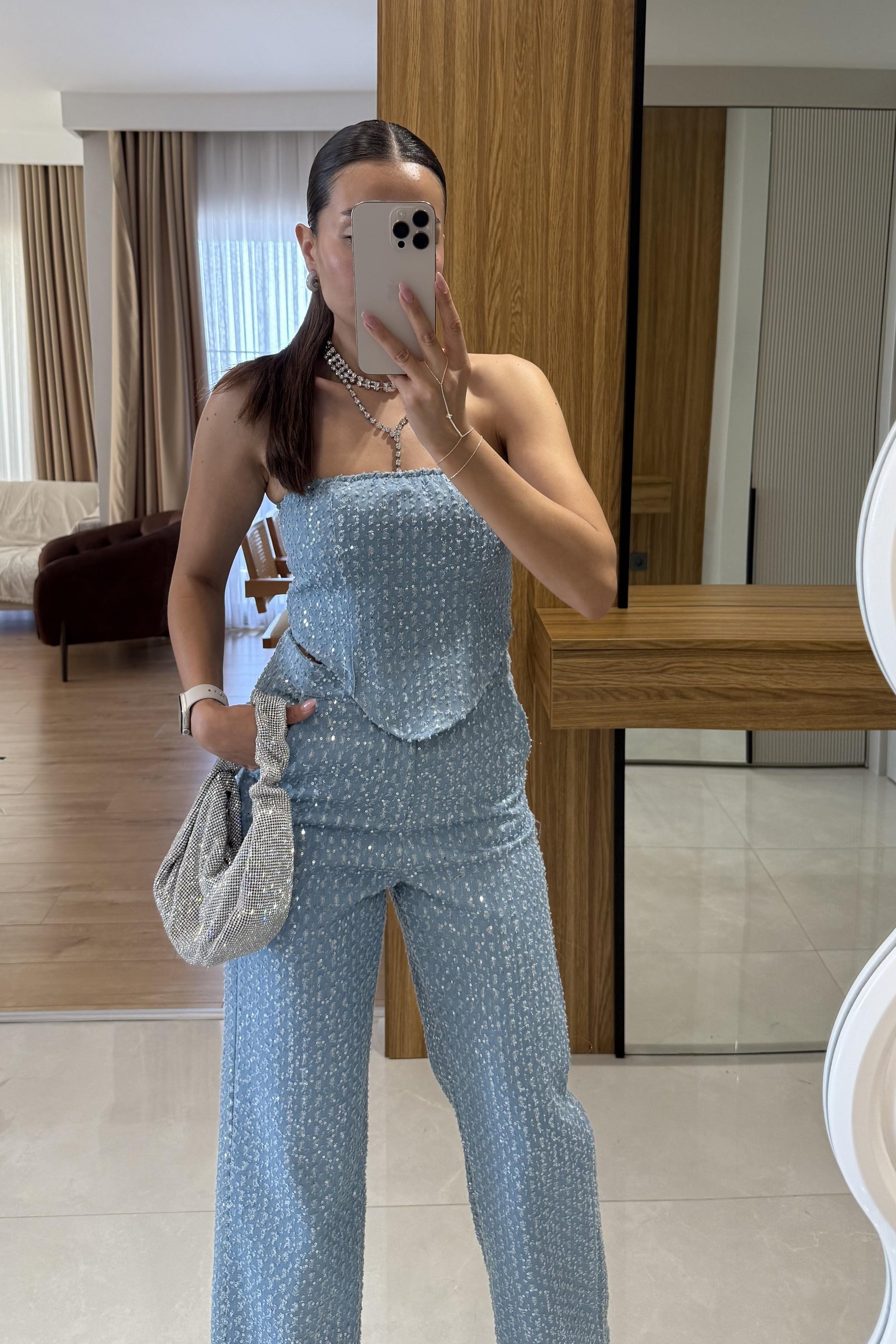 Bonnie Işıltılı Dokulu Mavi Takım