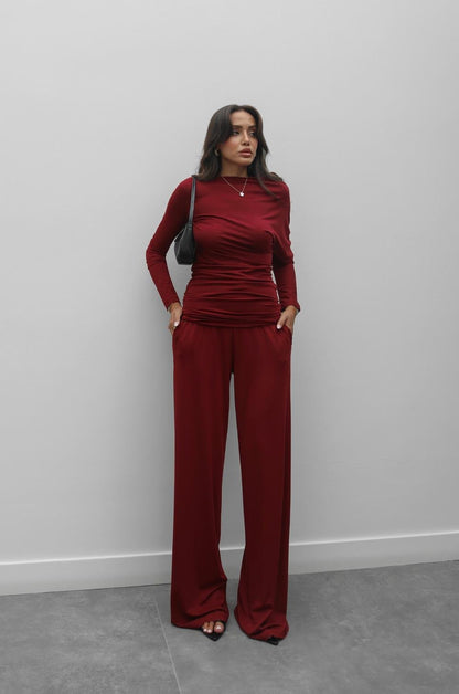 BORDO ASIMETRIK YAKA BLUZ PANTOLON TAKIM