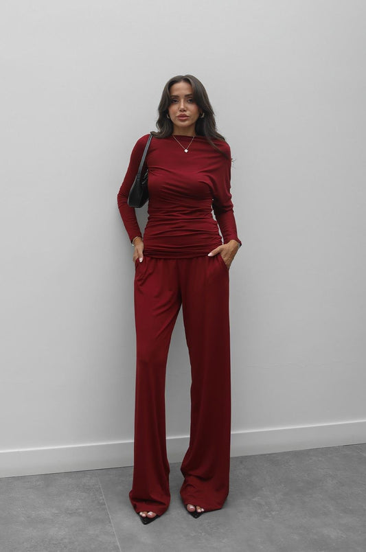 BORDO ASIMETRIK YAKA BLUZ PANTOLON TAKIM
