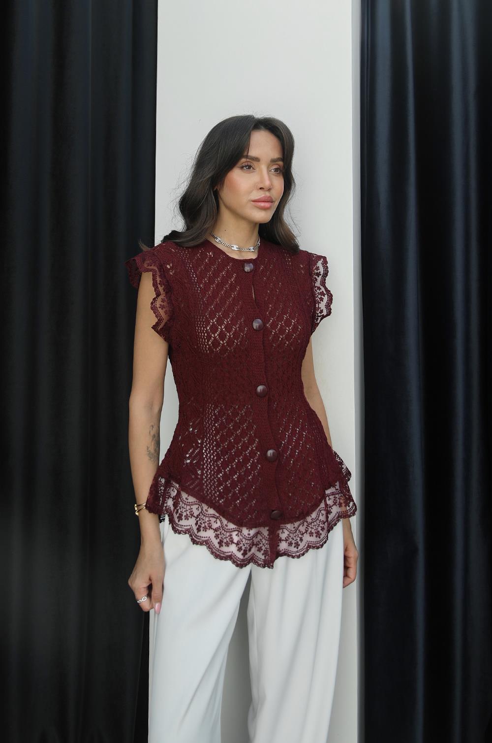 BORDO ÖRME DANTEL DETAYLI YELEK