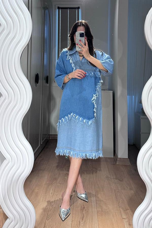 Boris Püsküllü Denim Elbise