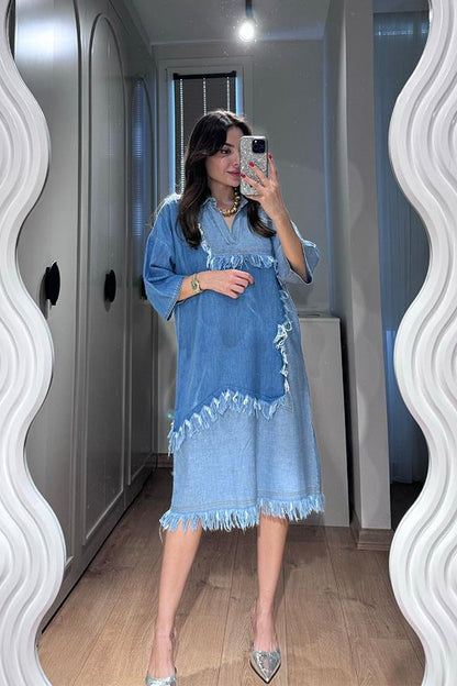 Boris Püsküllü Denim Elbise