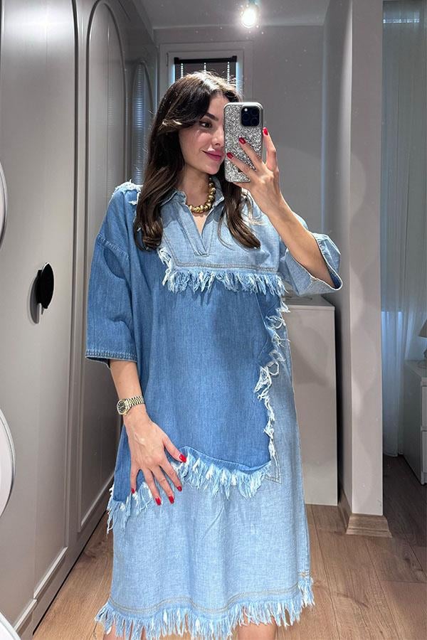 Boris Püsküllü Denim Elbise