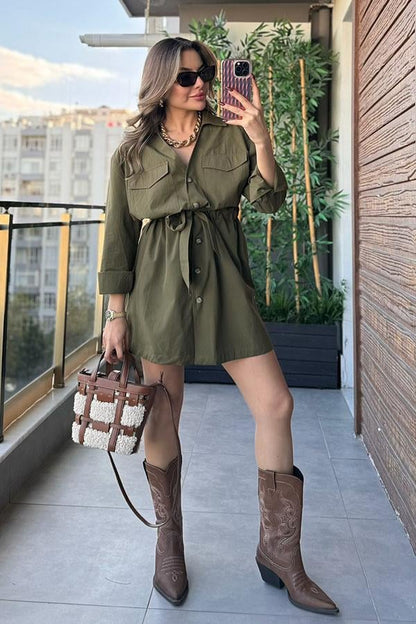 Botana Askeri Yeşil Gömlek Elbise