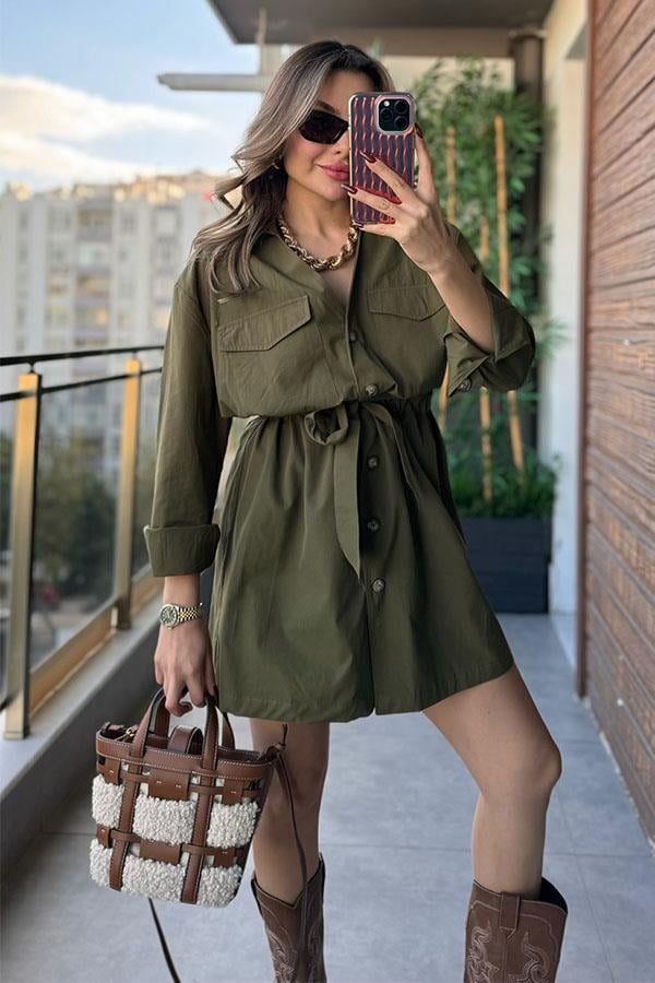 Botana Askeri Yeşil Gömlek Elbise