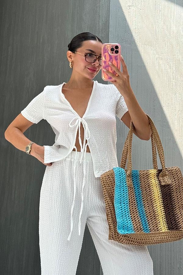 Bracha Bağlamalı Bürümcük Takım-Beyaz