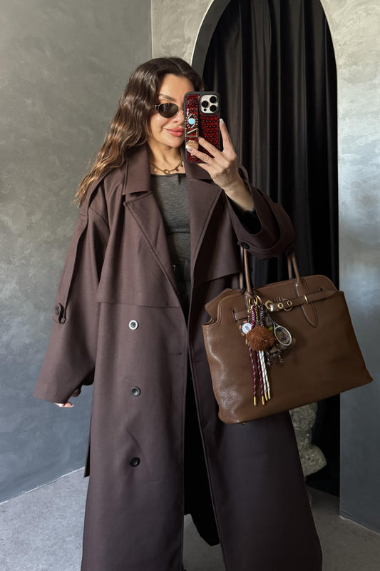 Brail Koyu Kahve Premium Bel Kuşaklı Trenç