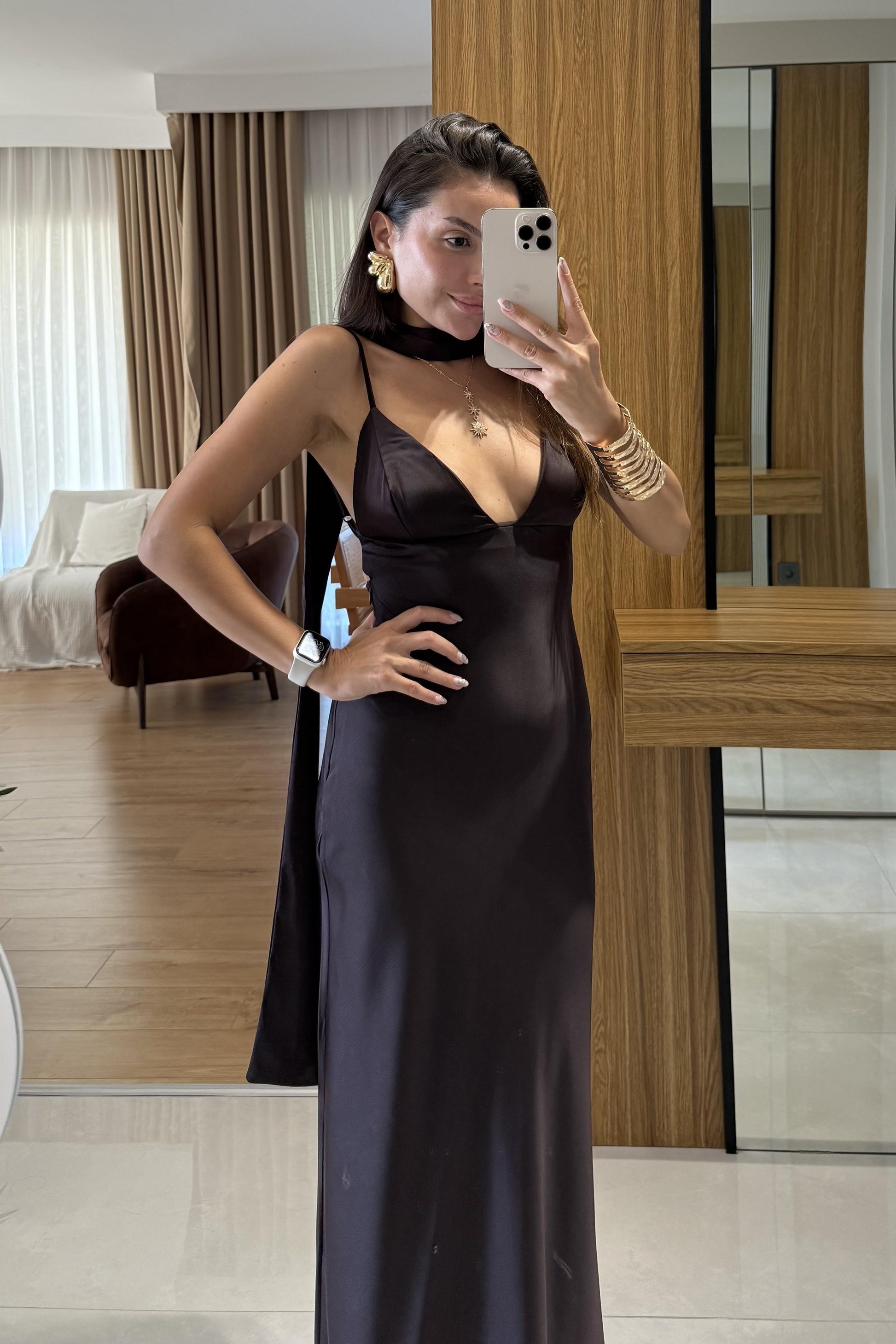 Braow Saten Şal Detay Elbise