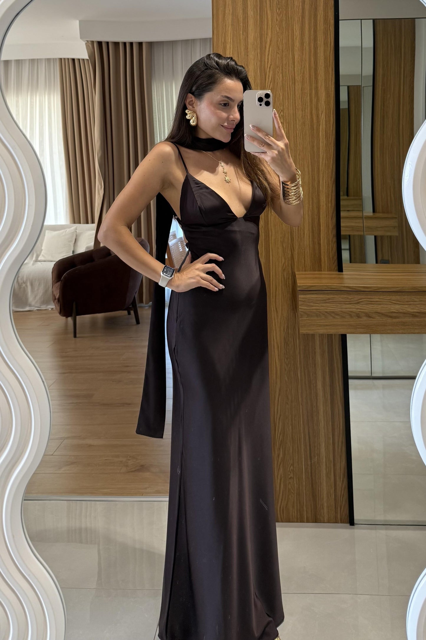 Braow Saten Şal Detay Elbise