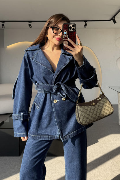 Brendon Denim Gold Düğmeli Kuşaklı Ceket