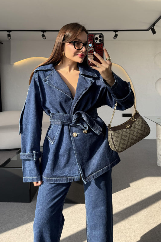 Brendon Denim Gold Düğmeli Kuşaklı Ceket
