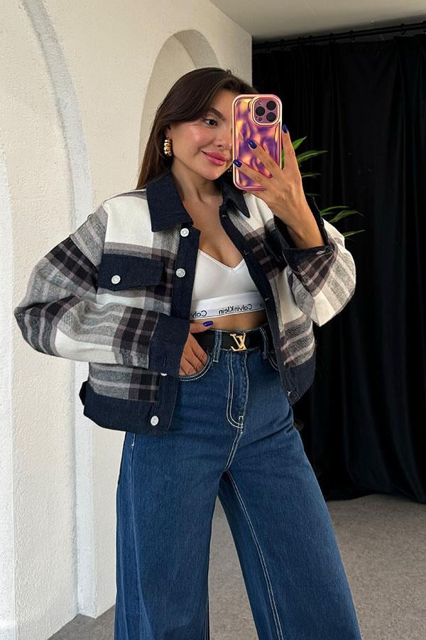 Cafea Ekose Lacivert Garnili Ceket