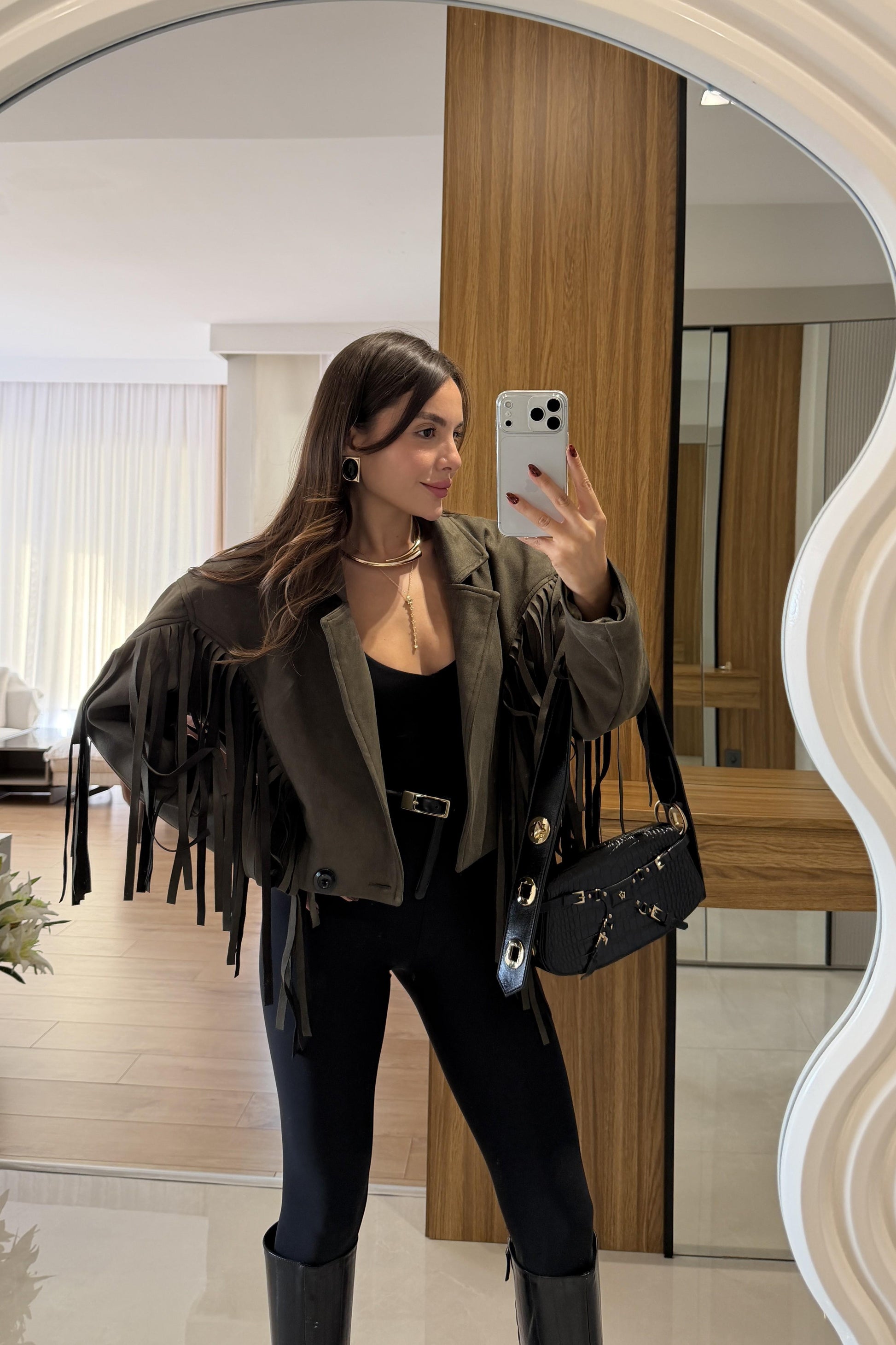 Calixa Haki Püsküllü Süet Ceket