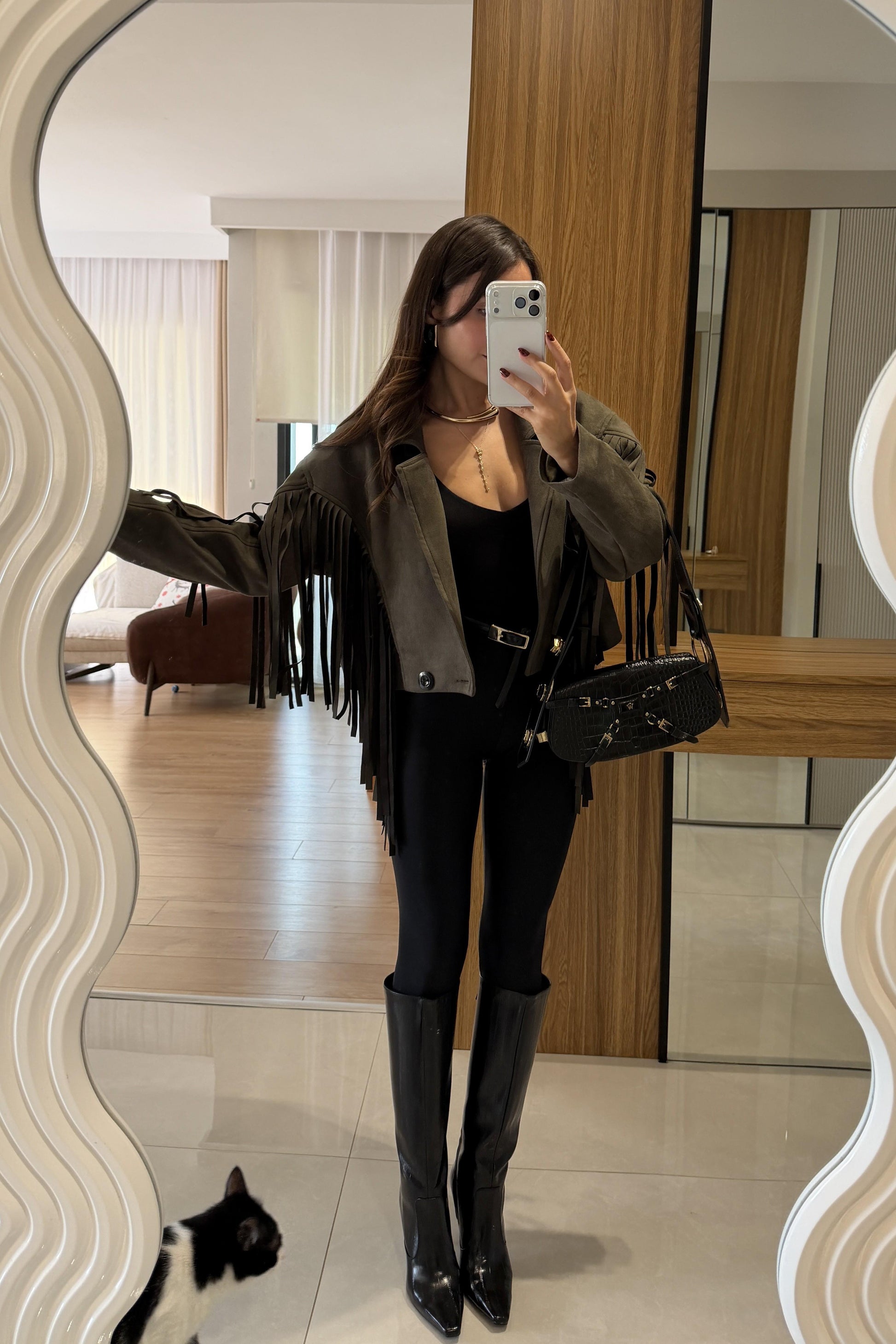 Calixa Haki Püsküllü Süet Ceket