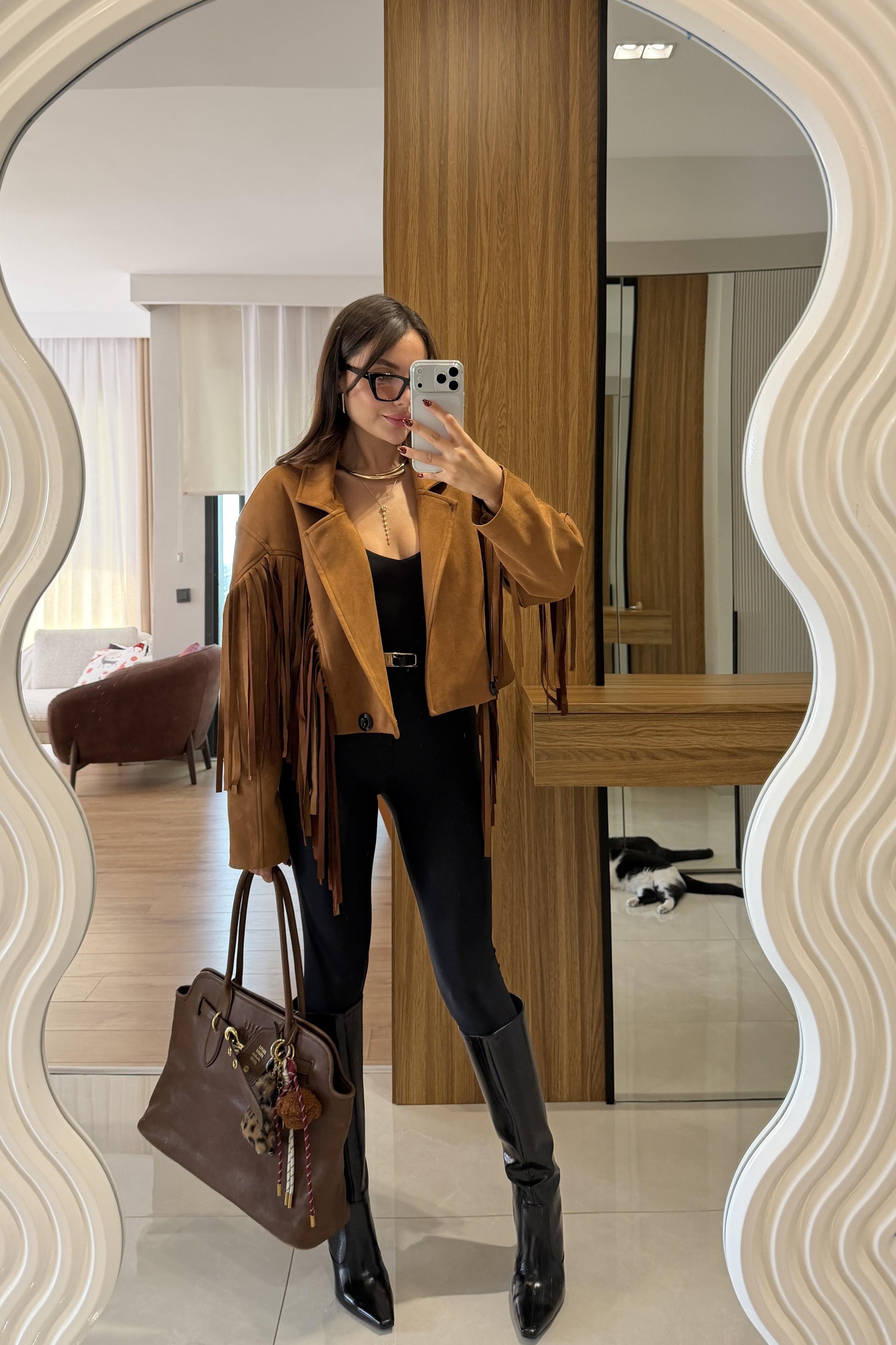 Calixa Taba Püsküllü Süet Ceket