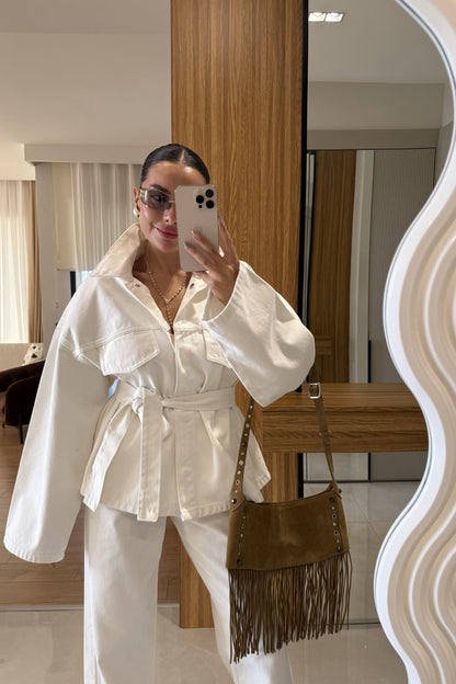 Callow Ekru Kuşaklı Denim Takım